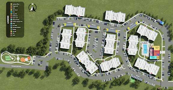 A map of a campus with buildings, roads, and a legend.