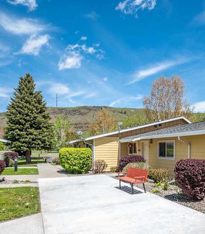 a pathway between two yellow houses with a sidewalk and a bench