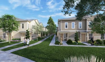 a rendering of a neighborhood with houses and people on a sidewalk