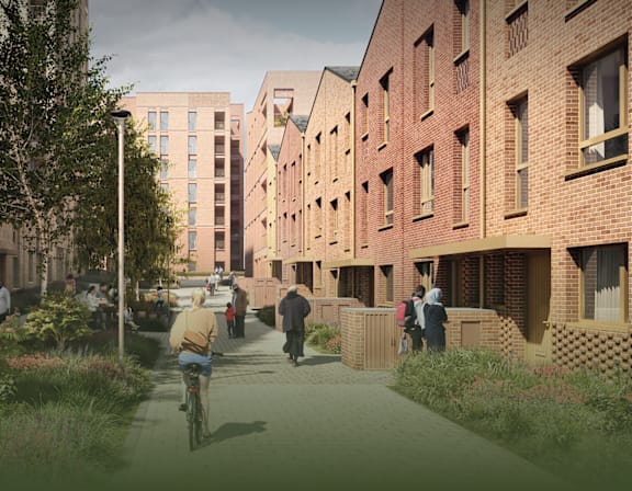 A street view of a residential area with people walking and a bicycle.