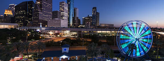 a city skyline at night with a ferris wheel in the foreground