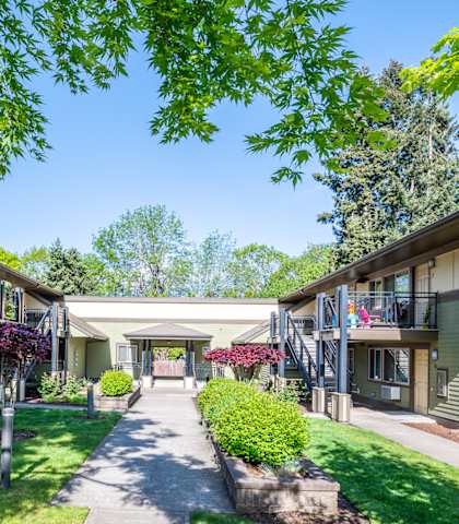 A sunny day at a residential complex with green lawns and trees.