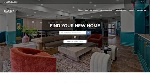 A webpage header for a real estate company named Balfour with a navigation menu and a search bar.