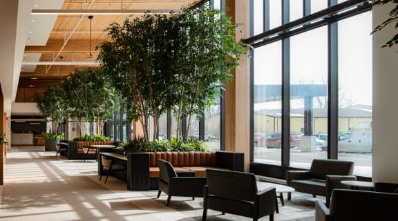 a lounge area with couches chairs and a coffee table