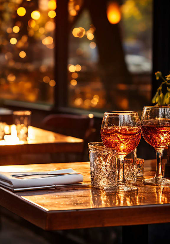 a restaurant with glasses of wine on table at The Collective Upper Westside Apartments, Atlanta, GA, 30318