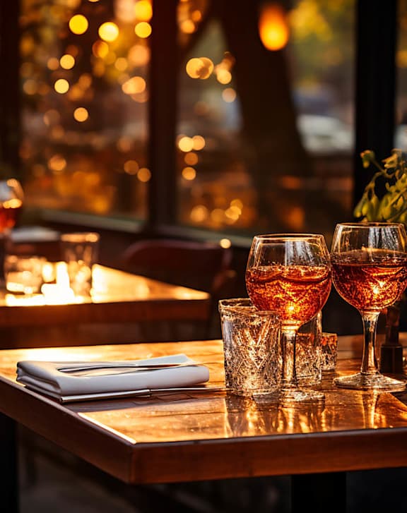 A restaurant with glasses of wine on tables at Mountain Place Apartments, Georgia, 30083