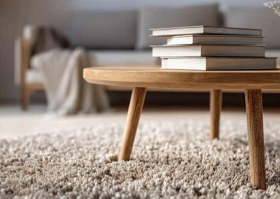 A wooden coffee table with a stack of books on top and a grey rug in the foreground.