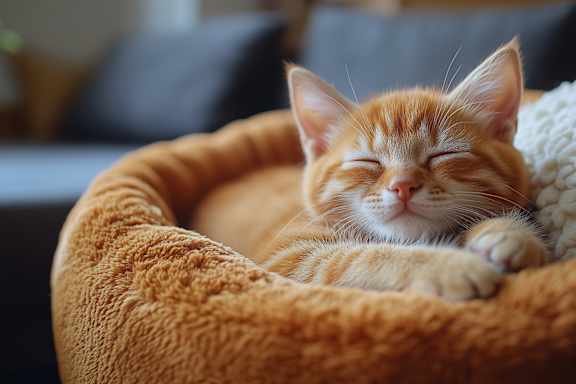 A ginger cat is sleeping in a bed.