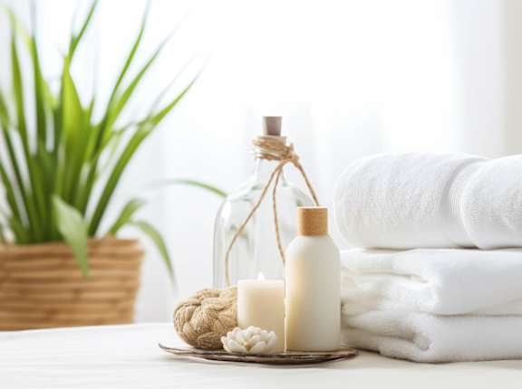 a pile of towels and a bottle of soap on a table
