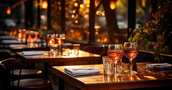 a restaurant with glasses of wine on tables