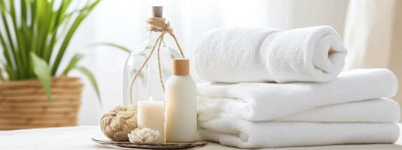 a pile of towels and a bottle of soap on a table at Emery Village, North Carolina, 28027