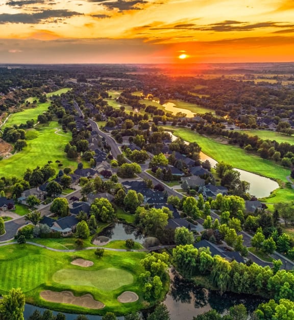 Beautiful Aerial View of Golf Course in Boise, Idaho at Sunset
