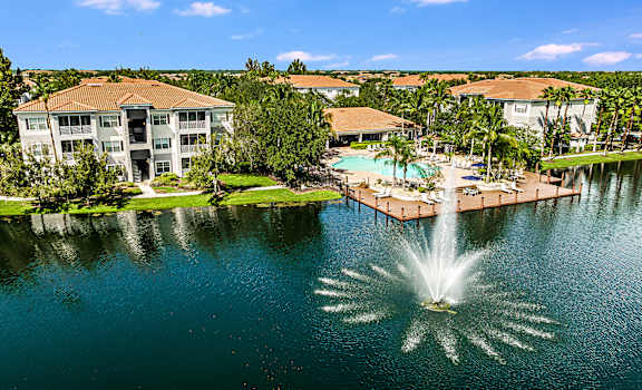 a view of the resort from above on the lake