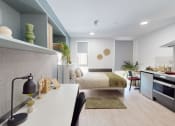 Thumbnail 7 of 8 - a bedroom with a bed and a kitchen in a room