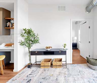 A room with a desk, chair, and a potted plant.