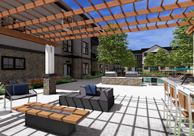 A patio with a table and chairs under a pergola.