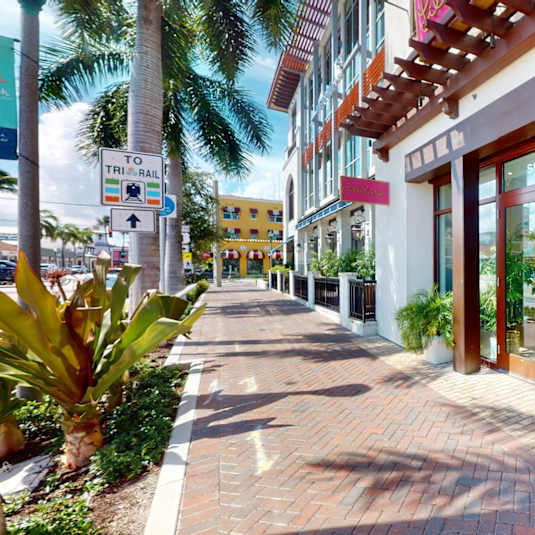 A street view with a sign that says "TO TRAFFIC" and a palm tree.