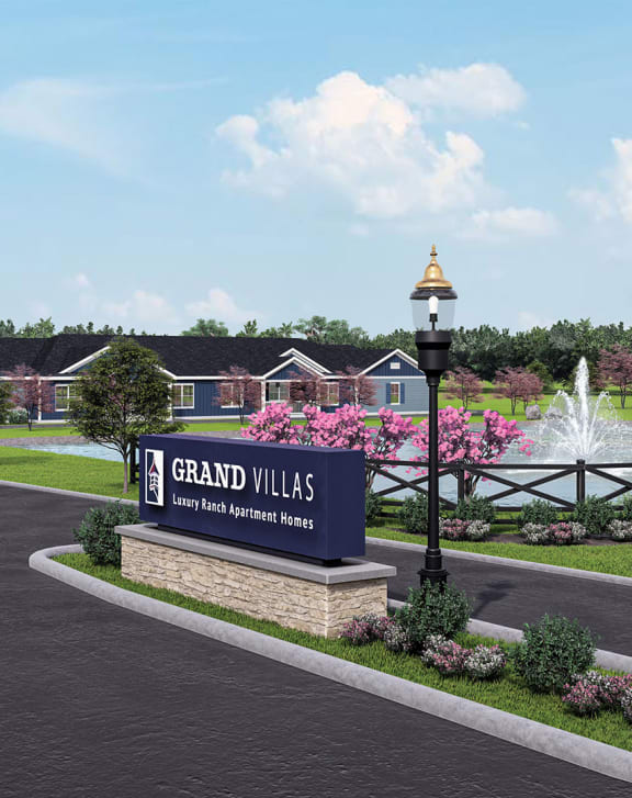 a rendering of the grand villas entrance with a fountain and a sign that reads grand villas