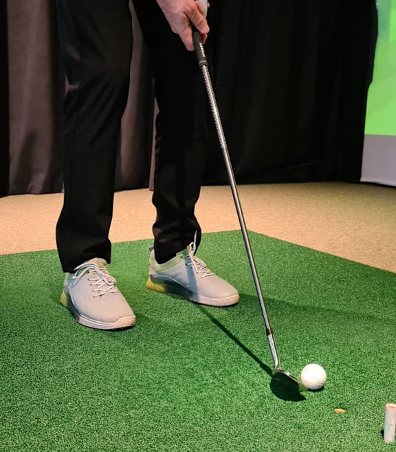 A person is playing golf on a green mat.