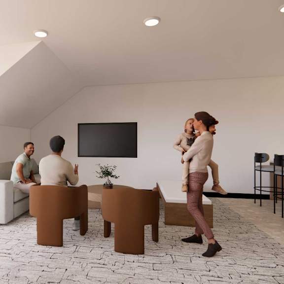 A group of people are gathered in a modern living room.