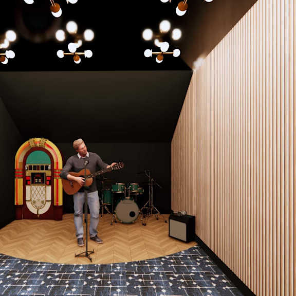 A man is playing guitar in a room with a drum set.