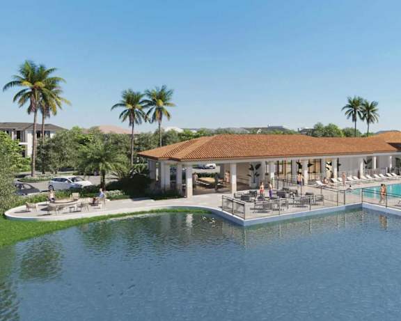a rendering of a resort with a swimming pool and a clubhouse