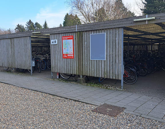 the bike rack at the back of the store filled with bikes