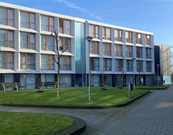 A modern building with a glass facade and a green lawn in front.