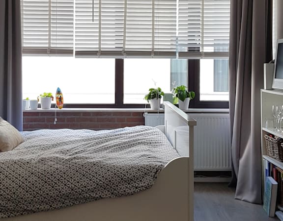 A bedroom with a bed, a window with blinds, a radiator, a bookshelf, and a small table with a plant and a vase on it.