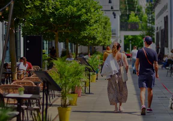 A man and woman walking a dog in a sunny outdoor area.at Imperium, Dundas