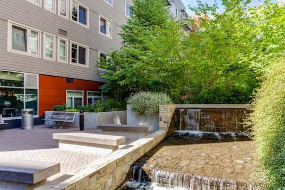 A small waterfall in a garden area.