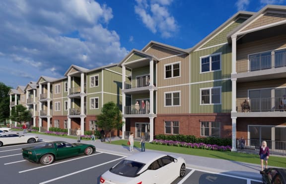 a rendering of an apartment building on a street with cars