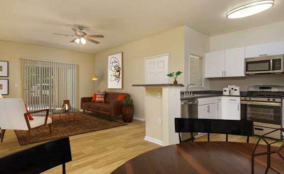 A modern kitchen with a dining area.