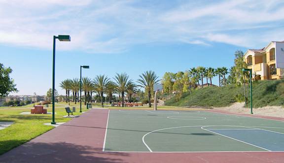 A basketball court is surrounded by palm trees and apartment buildings.