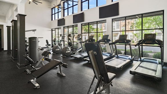 A gym with treadmills, weights, and exercise equipment.