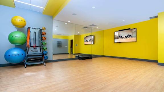A fitness room with a row of exercise balls on the wall.