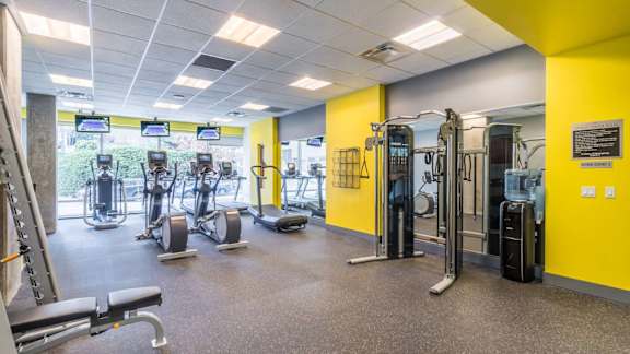 A gym with a variety of equipment including treadmills, weights, and exercise machines.