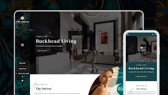 A webpage for Buckhead Living is displayed on a phone and tablet.