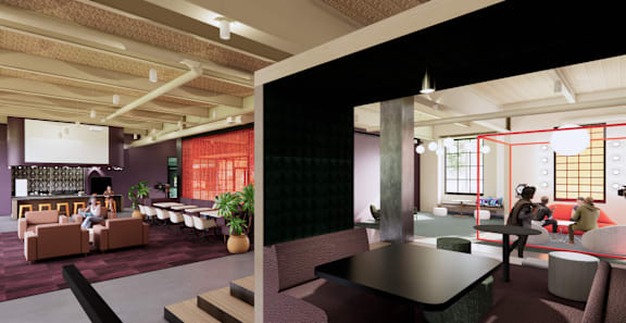 A modern office space with a bar area and seating. at University Commons in Pittsburgh, PA