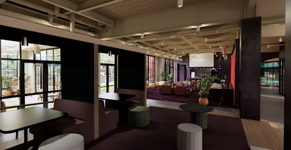 A modern cafe with a view of the outdoors. at University Commons in Pittsburgh, PA