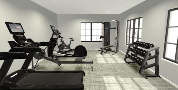 A well-equipped gym with treadmills, stationary bikes, and dumbbells.