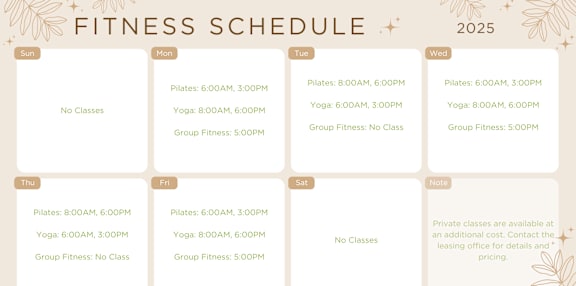A fitness schedule for 2025 with Pilates, Yoga, and Group Fitness classes listed by day.