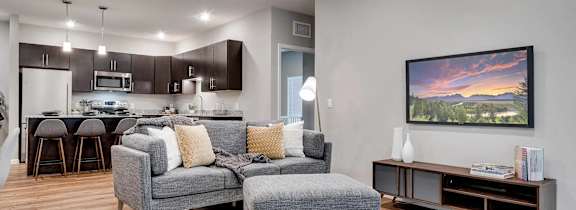 a living room with a couch and a table with lamps. Circle Pines, MN Lexington Lofts