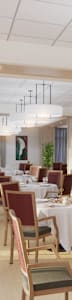 a rendering of a dining room with tables and chairs