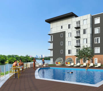 an artist rendering of an apartment building with a pool