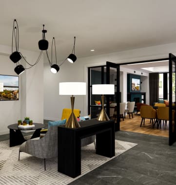 a rendering of a living room with yellow chairs and a black desk at The Gateway at West Lake Quarter in Minneapolis, MN