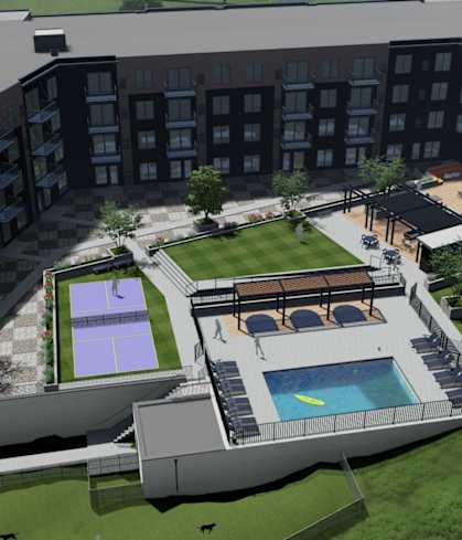 A rendering of a courtyard with a pool and a pavilion surrounded by apartment buildings. at Olivine Apartments, Victoria 55386