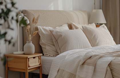A bed with a white comforter and pillows, a nightstand with a lamp and a vase, and a plant in the corner.