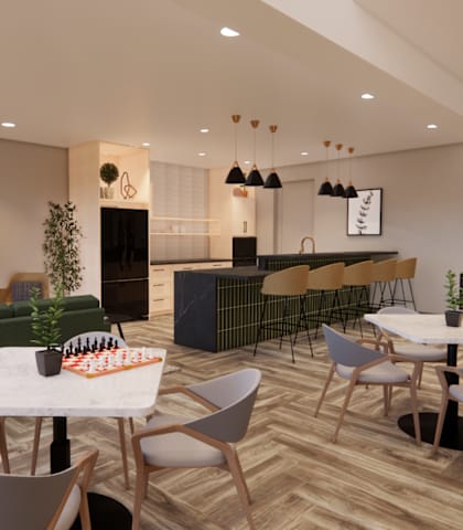 a rendering of a communal room with tables and chairs and a television