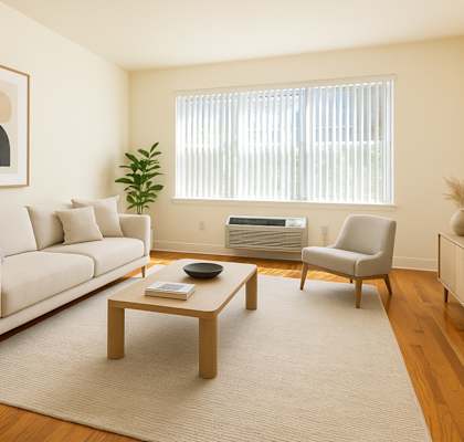 A living room with a couch, chair, and television.